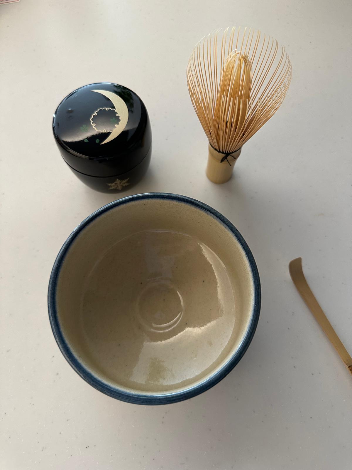 Tea bowl, bamboo whisk and tea container
